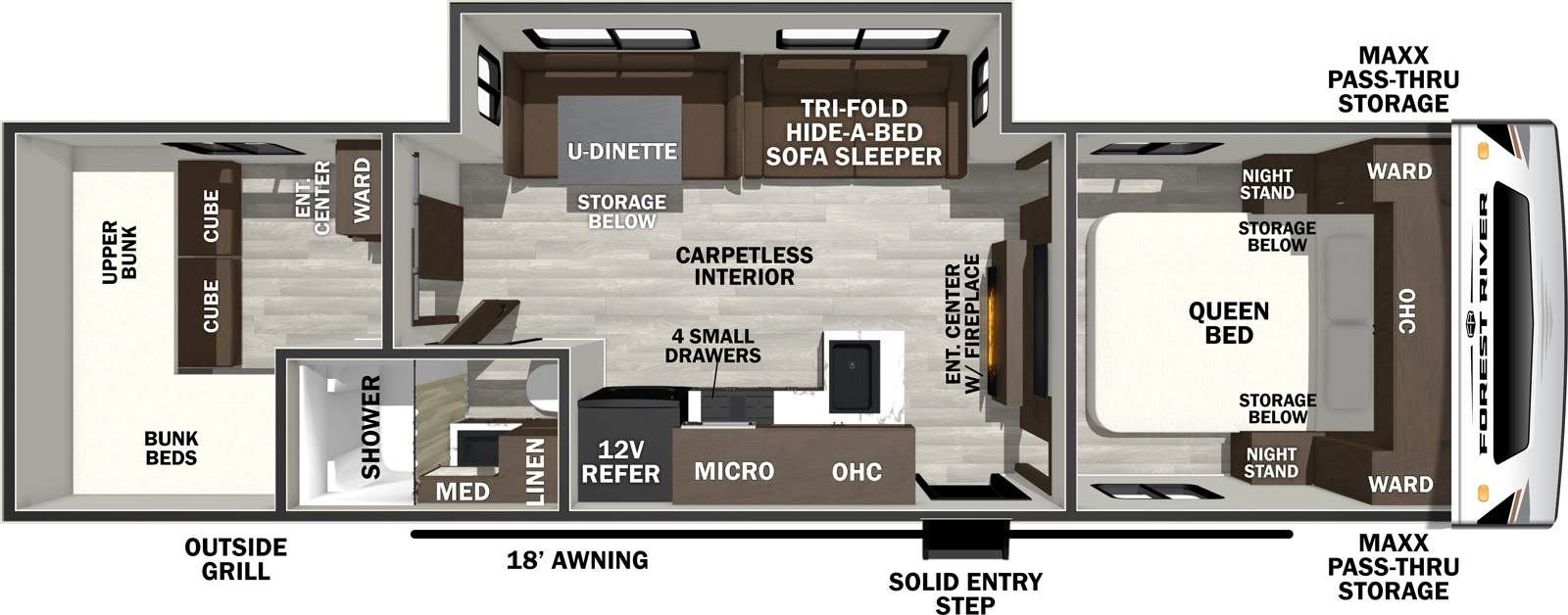 The Wildcat Travel Trailers 281QBEDS floorplan has one entry and one slide out. Exterior features include: fiberglass exterior and 18' awning. Interiors features include: bunk beds, u-dinette and front bedroom.